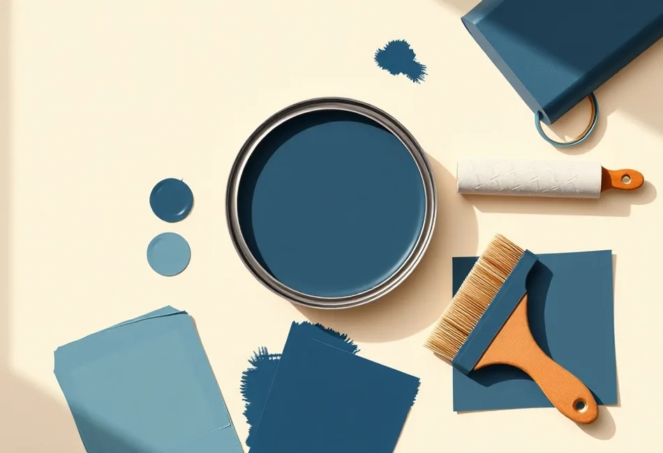 Pots de peinture, nuancier, brosses et rouleaux disposés à plat