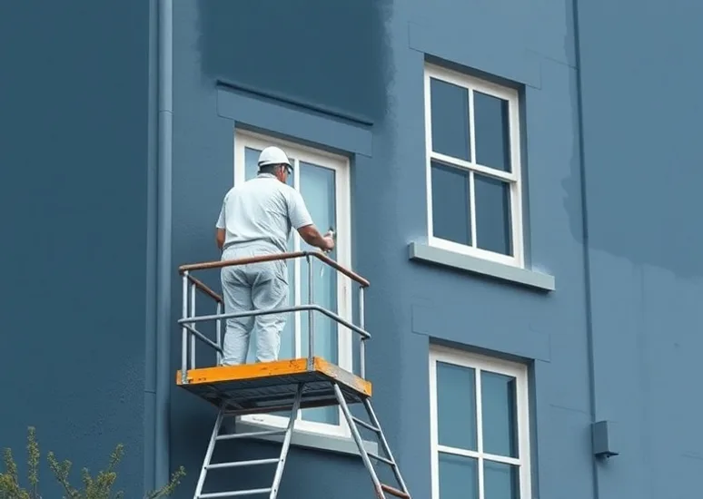 Peintre sur échafaudage traitant la façade d'une maison